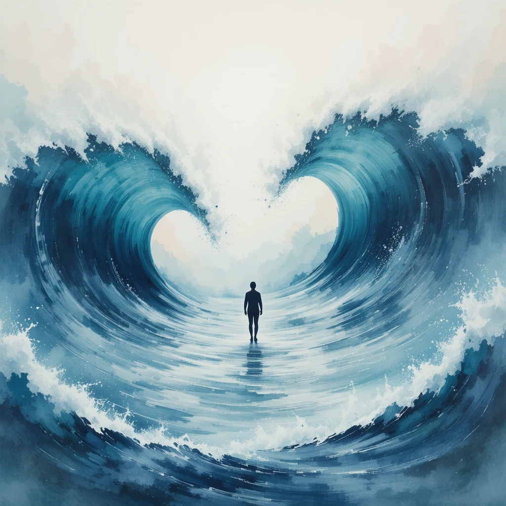水彩中靜立於翻騰海浪中的身影