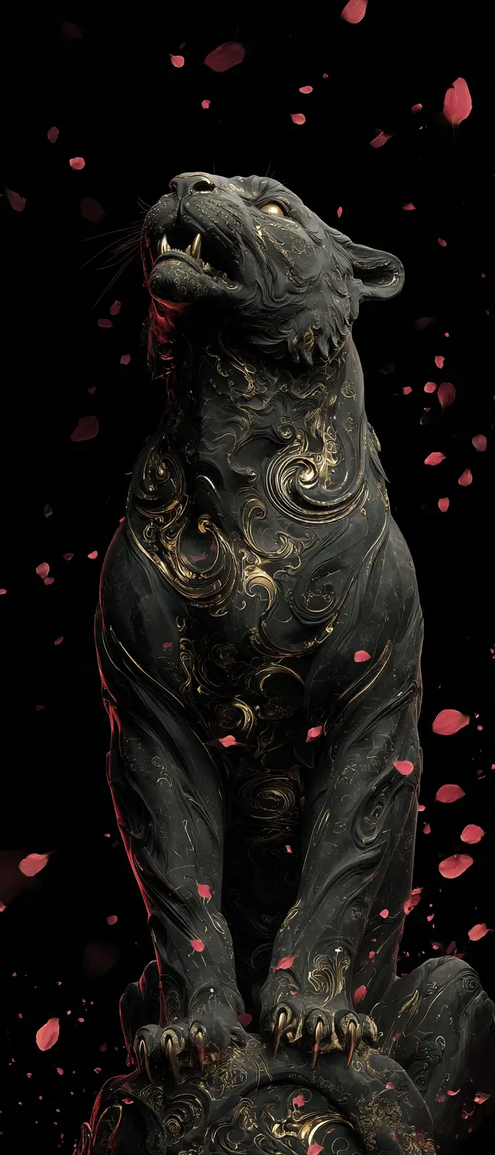 Scultura di tigre adamantina nera con motivi dorati