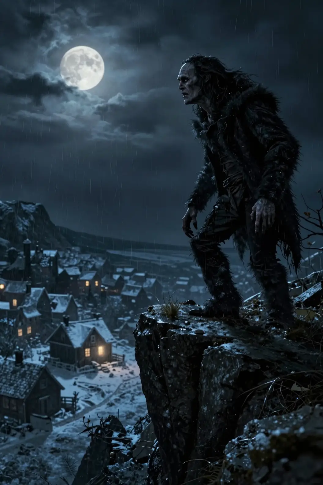 Monstre solitaire sur une falaise orageuse sous un ciel baigné de lune