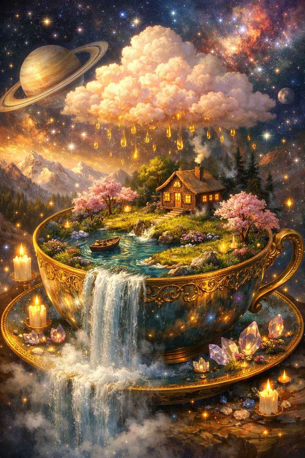 Paisagem surreal de rio fluindo dentro de uma xícara dourada