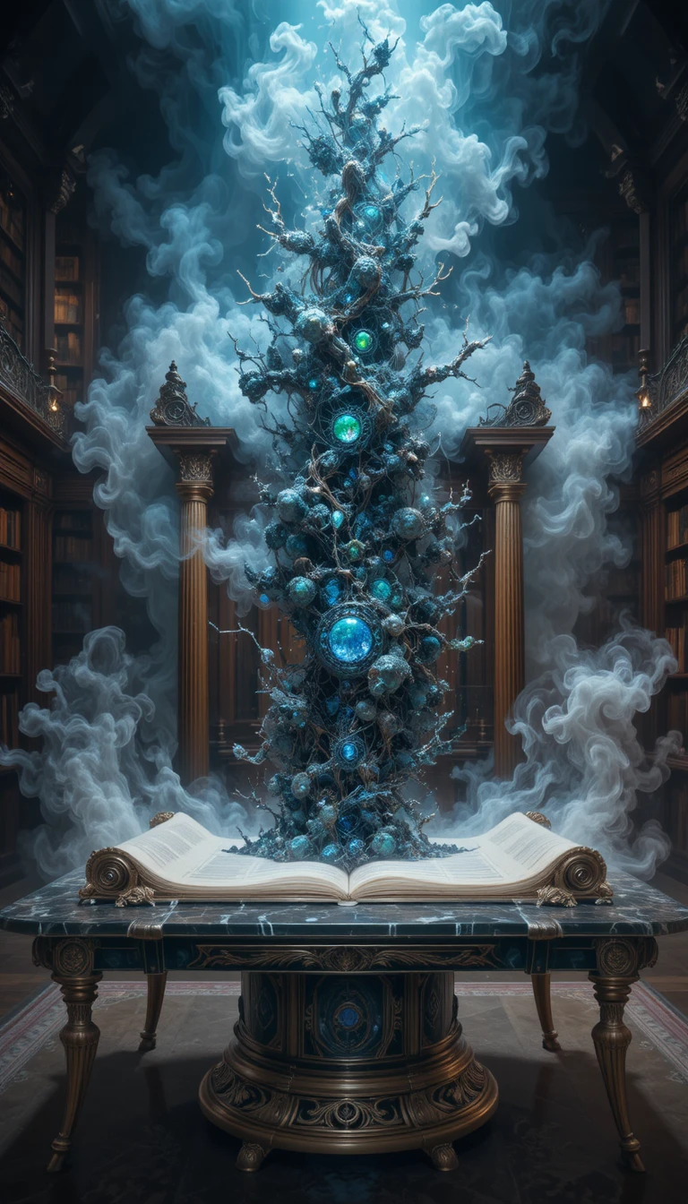 巨大な巻物が水晶の図書館の机の上で幽玄な煙になる