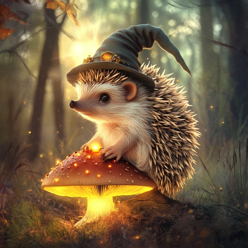 Adorable hérisson magicien fantastique sur un champignon lumineux en forêt