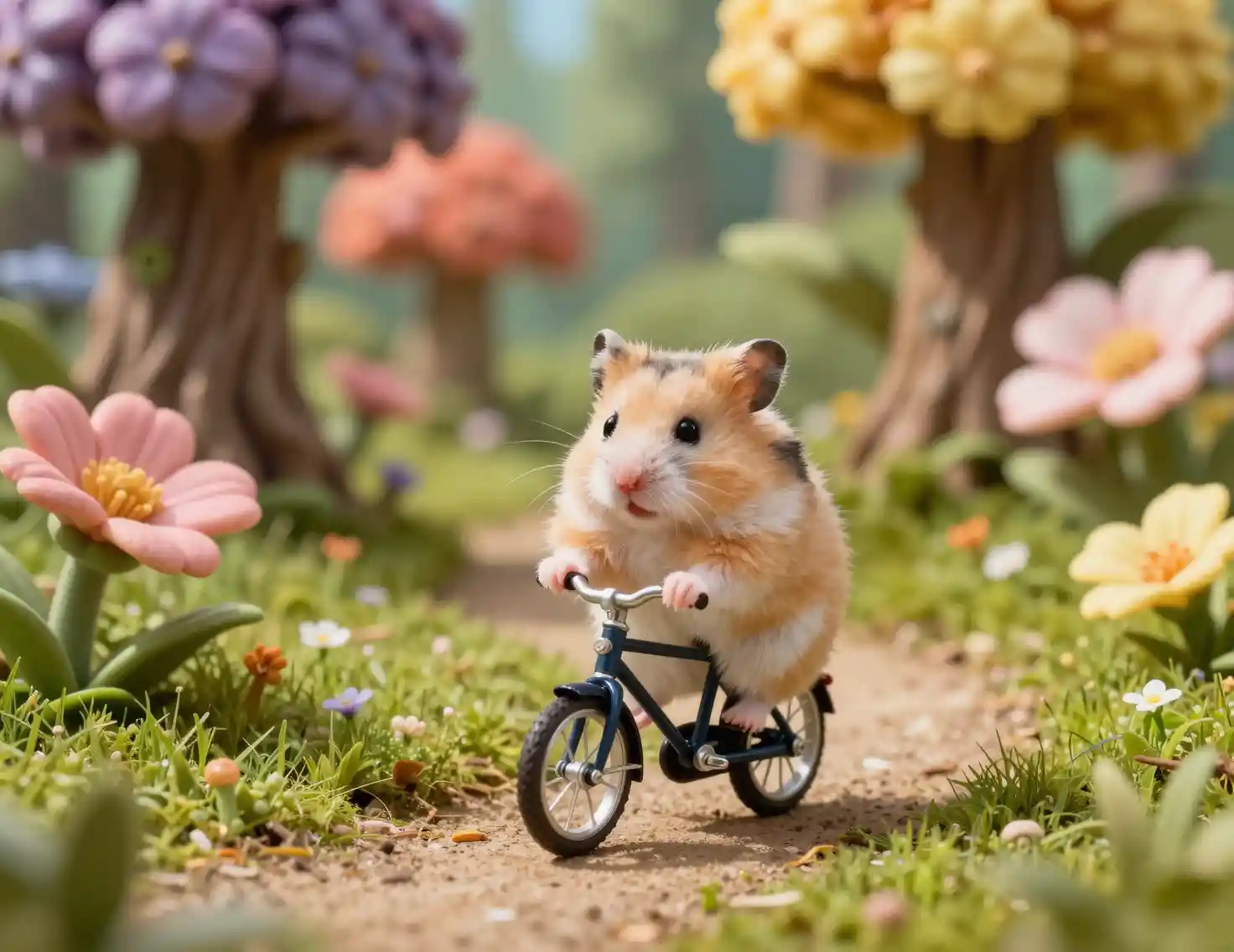 Piccolo criceto in bicicletta su un sentiero in una foresta fantasy