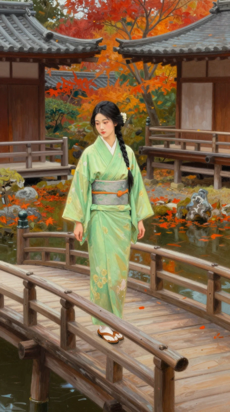 Mulher elegante na ponte em jardim japonês tranquilo