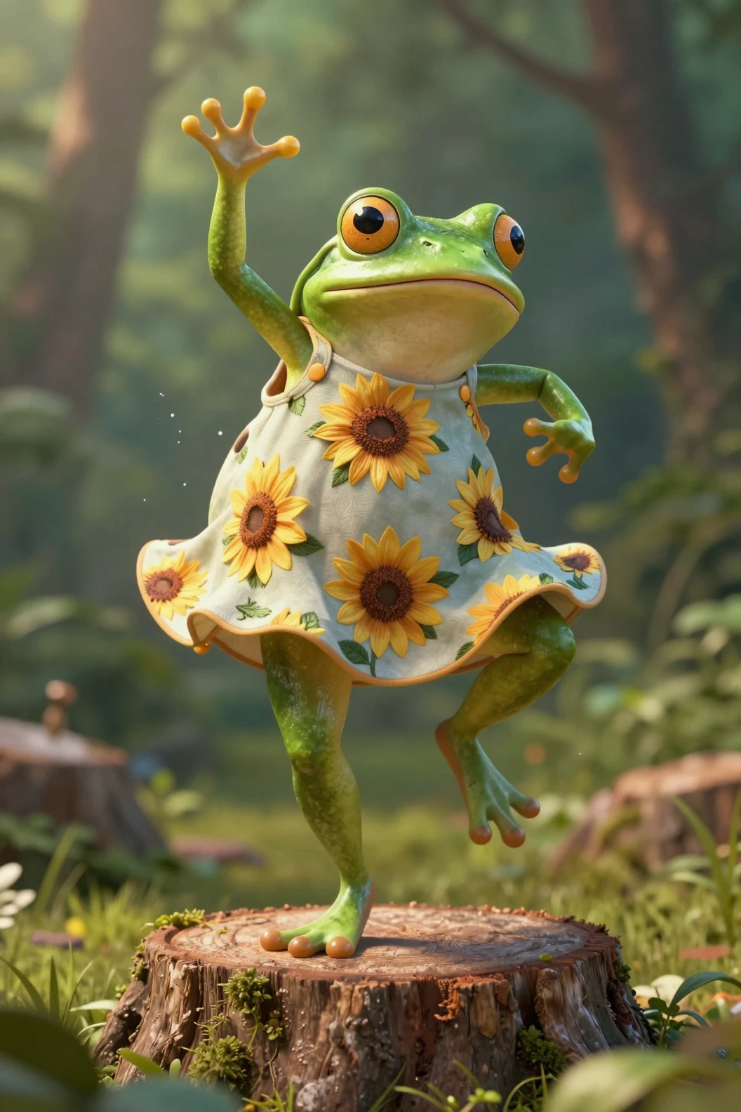 Rana antropomórfica bailando sobre un tronco en el bosque