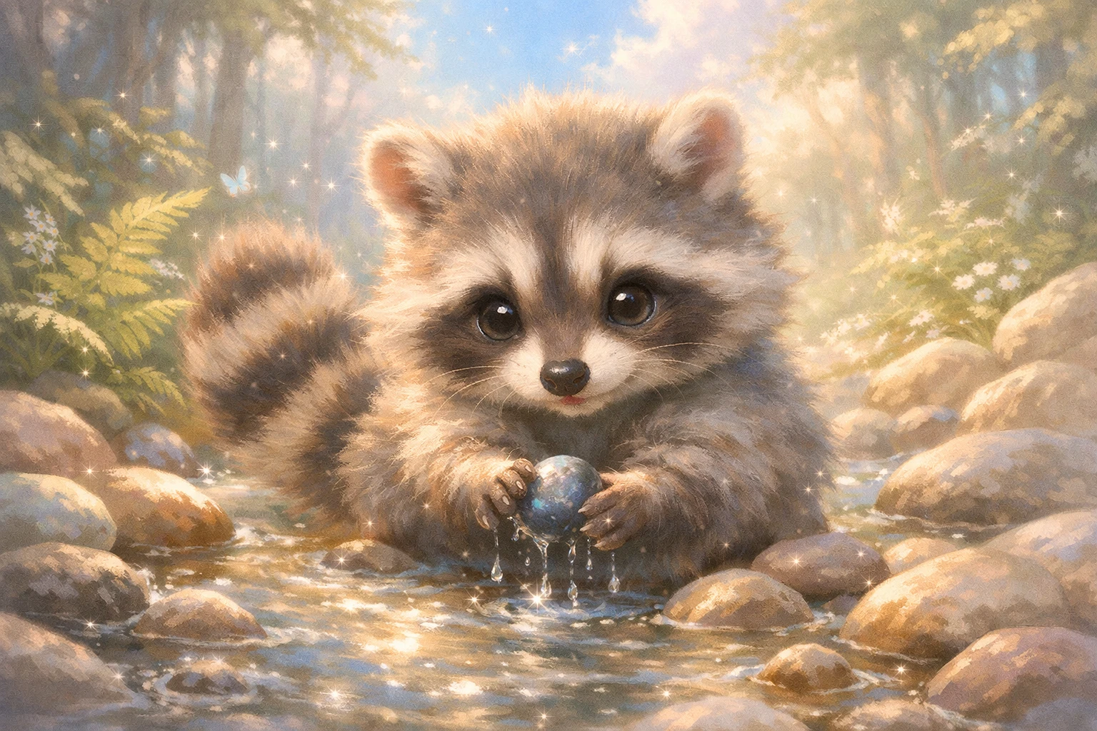 Baby raccoon washing a pebble in a clear forest stream
