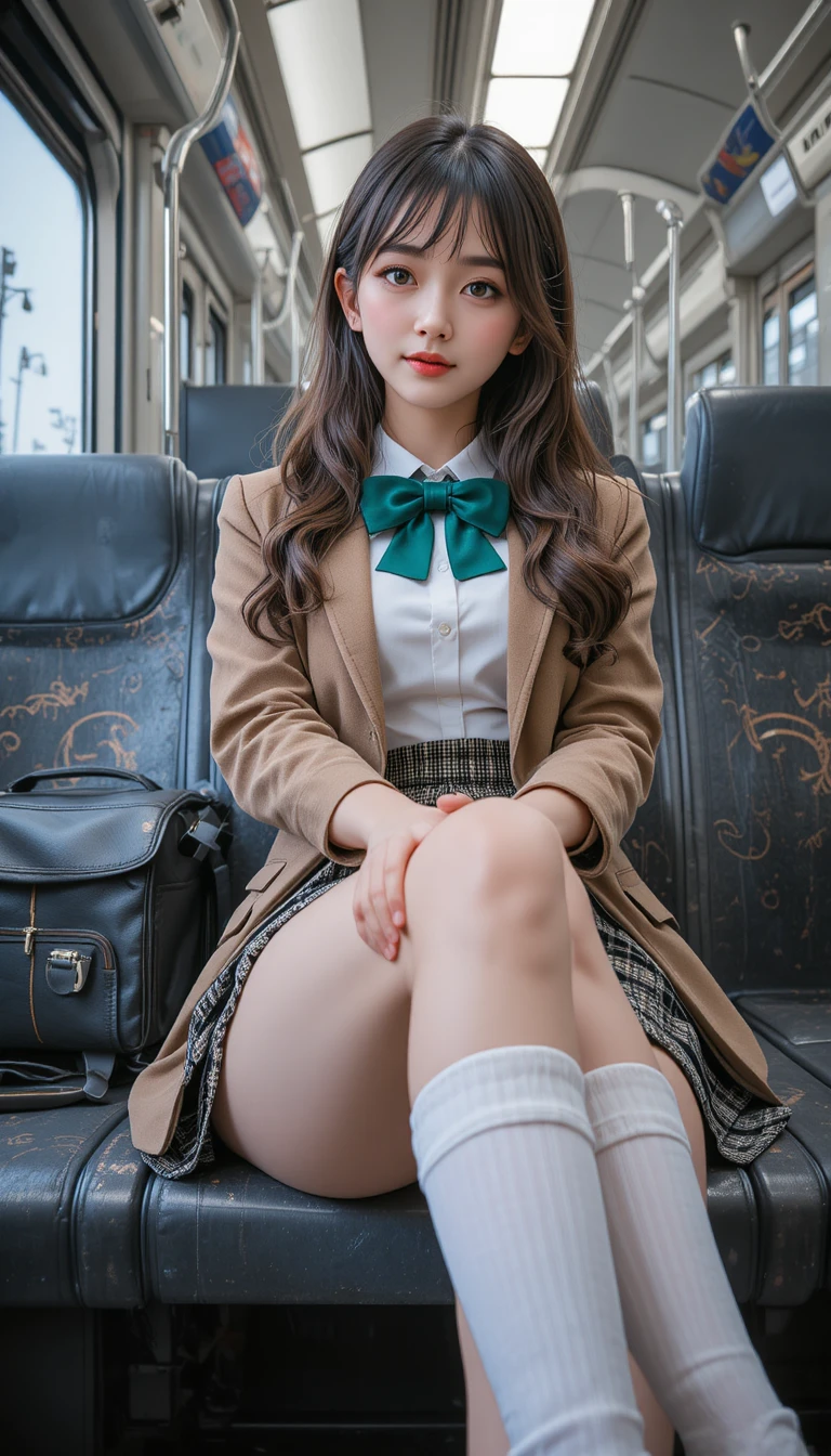 Japanisches Schulmädchen in Uniform auf einem Bahnsitz