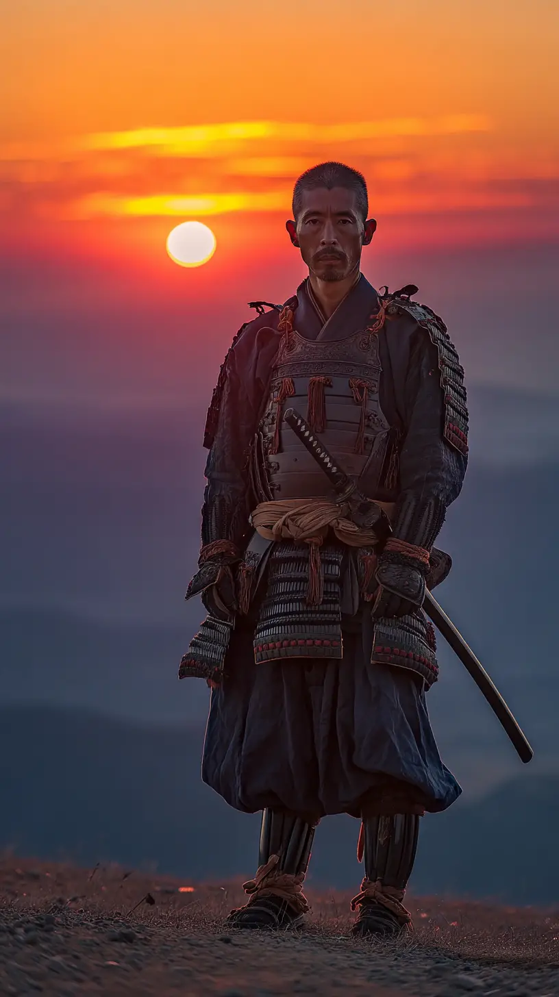 Samurai em armadura negra em uma colina ventosa ao pôr do sol