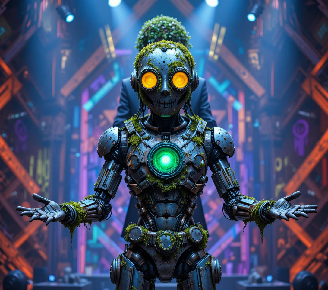 Costume de Robot Couvert de Mousse sur une Scène Colorée