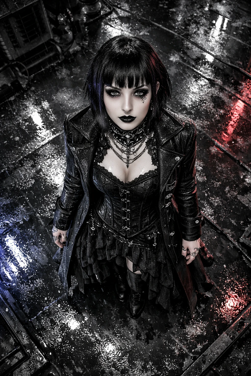 Gothic woman on wet city rooftop at night