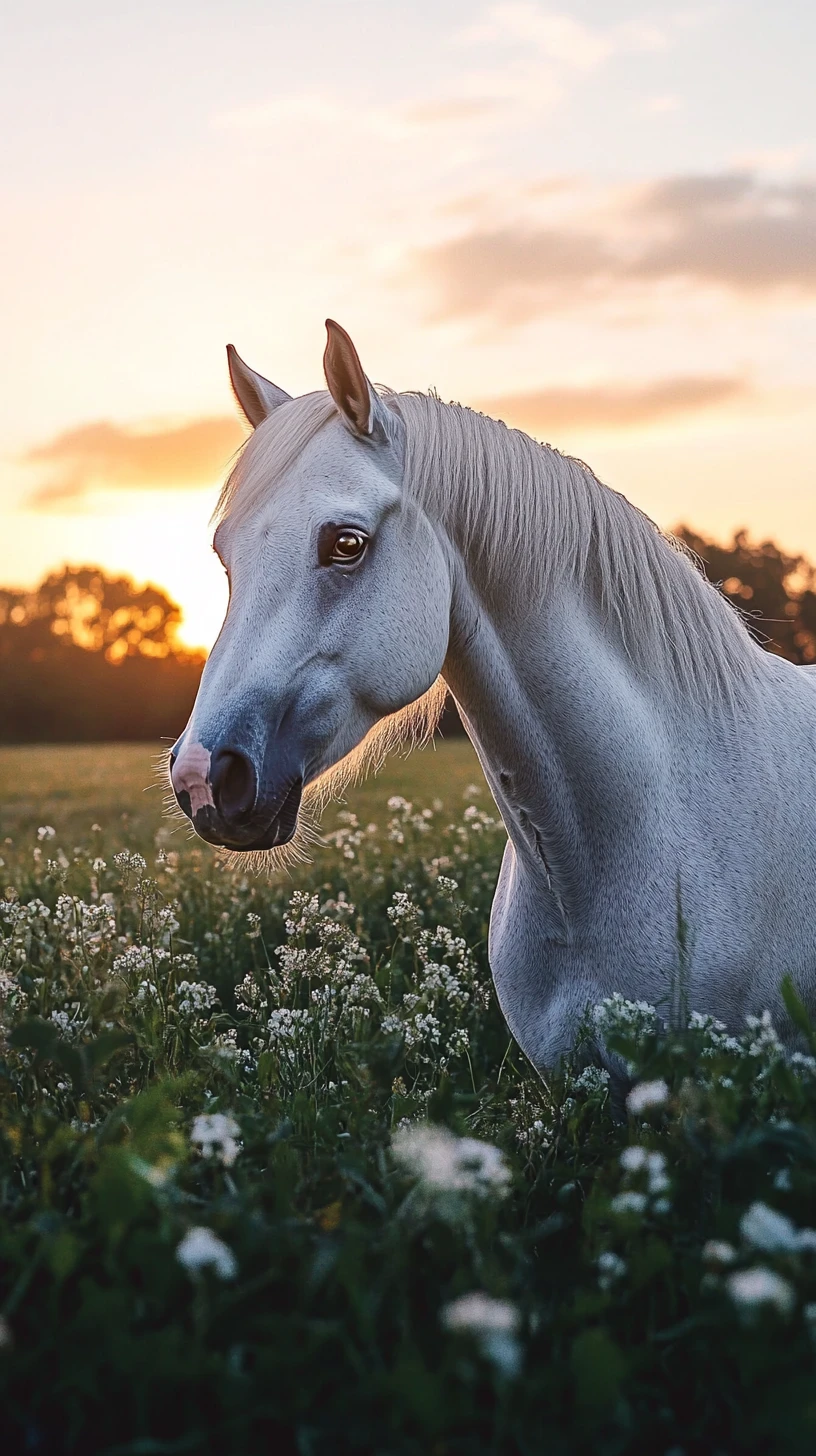 White horse standing in a sunlit meadow at golden hour