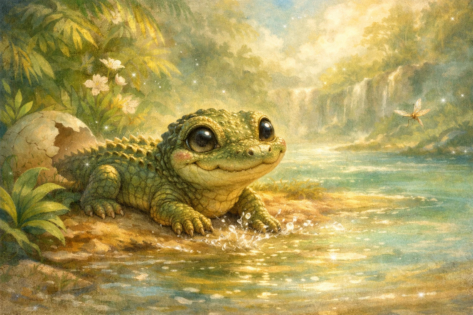 Cucciolo di coccodrillo che riposa su una soleggiata riva tropicale
