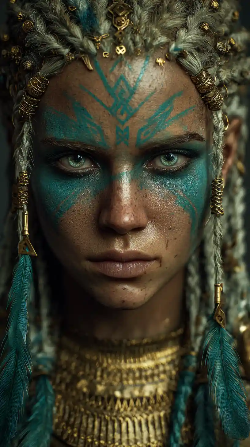 Tribal warrior queen with turquoise ritual facial markings