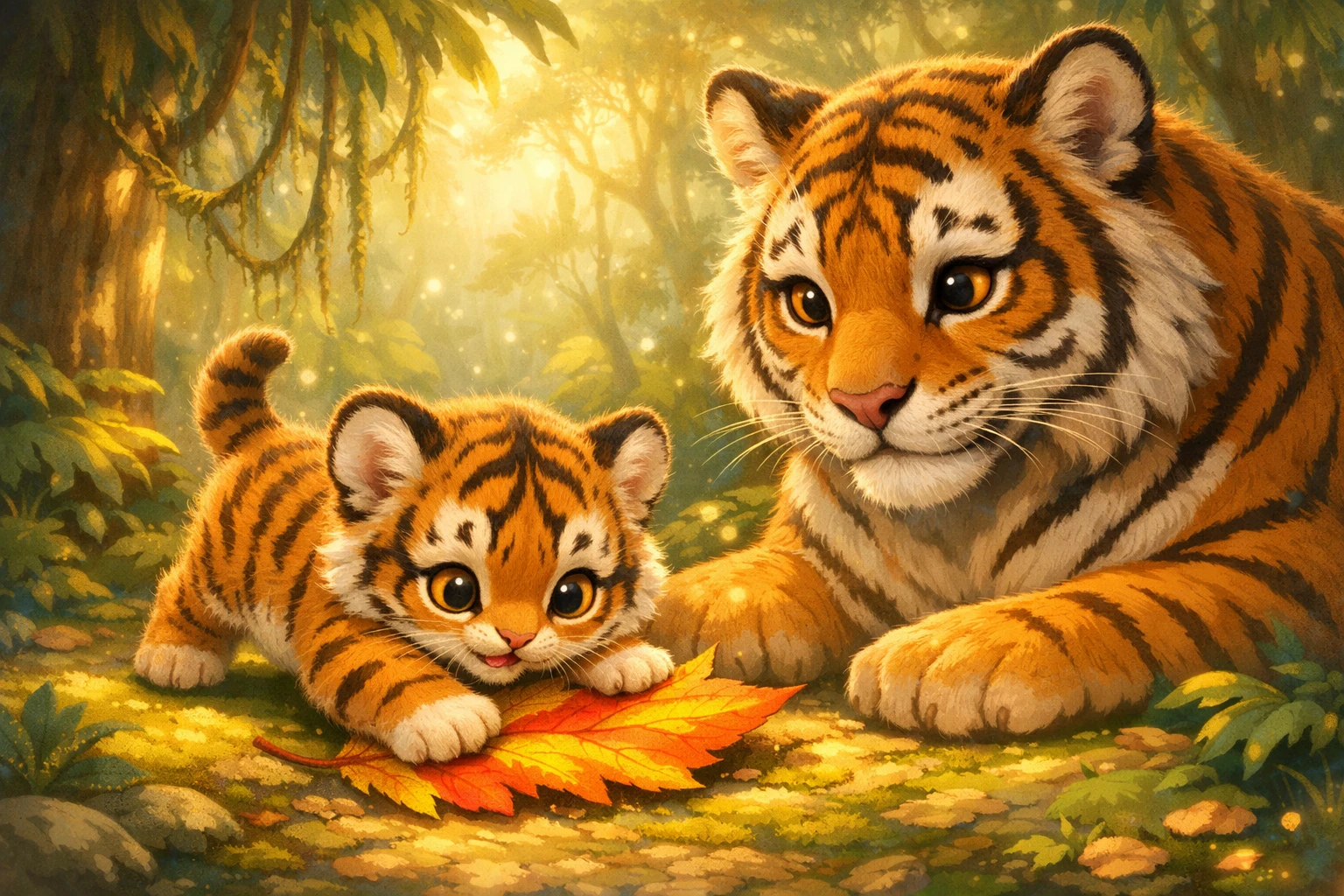 Bébé tigre jouant avec une feuille dans la lumière de la forêt