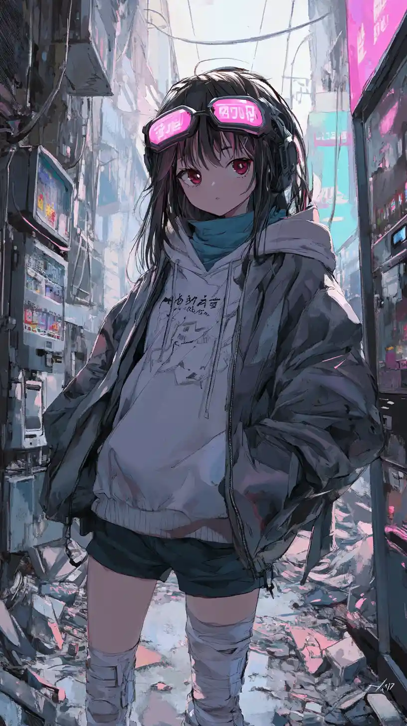 Confident anime girl in dystopian neon urban alley