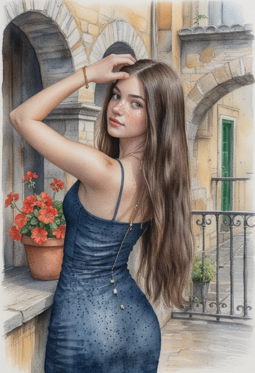 Freckled young woman in blue dress on stone balcony