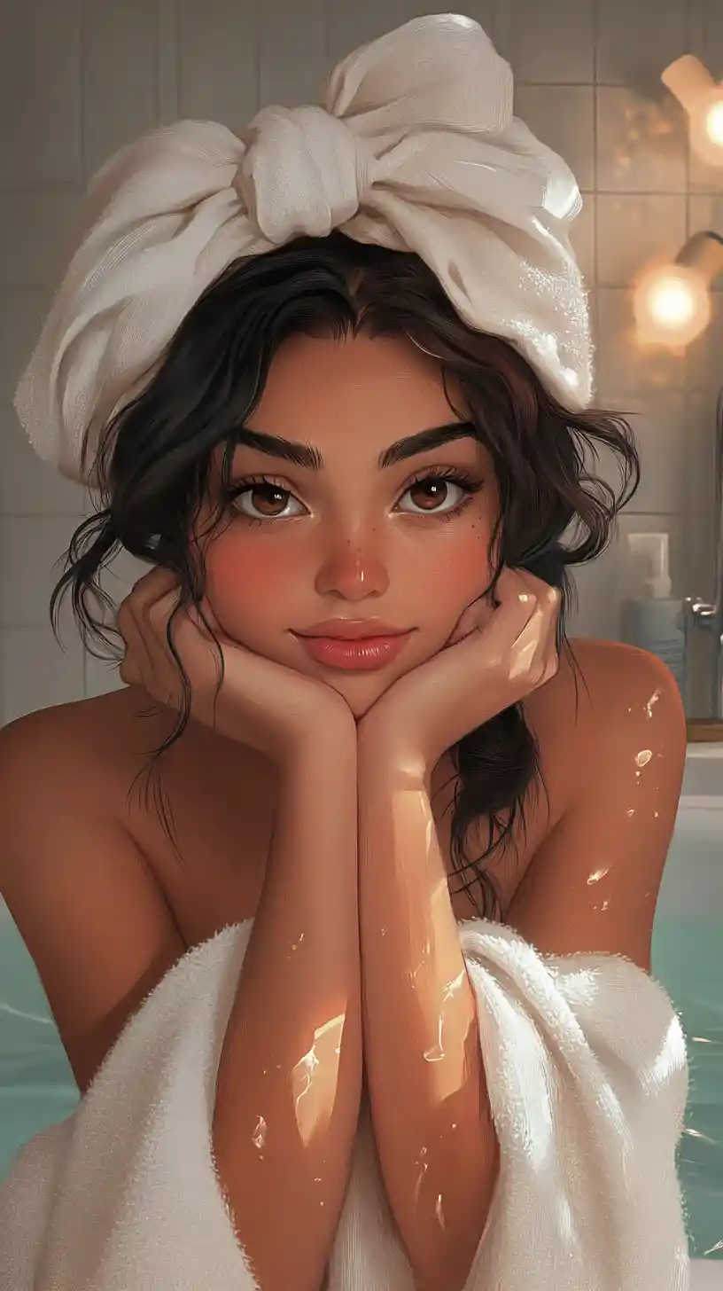 Cute latina girl relaxing in a cozy bathroom scene