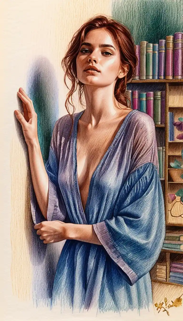 Elegant woman in blue silk robe colored pencil portrait
