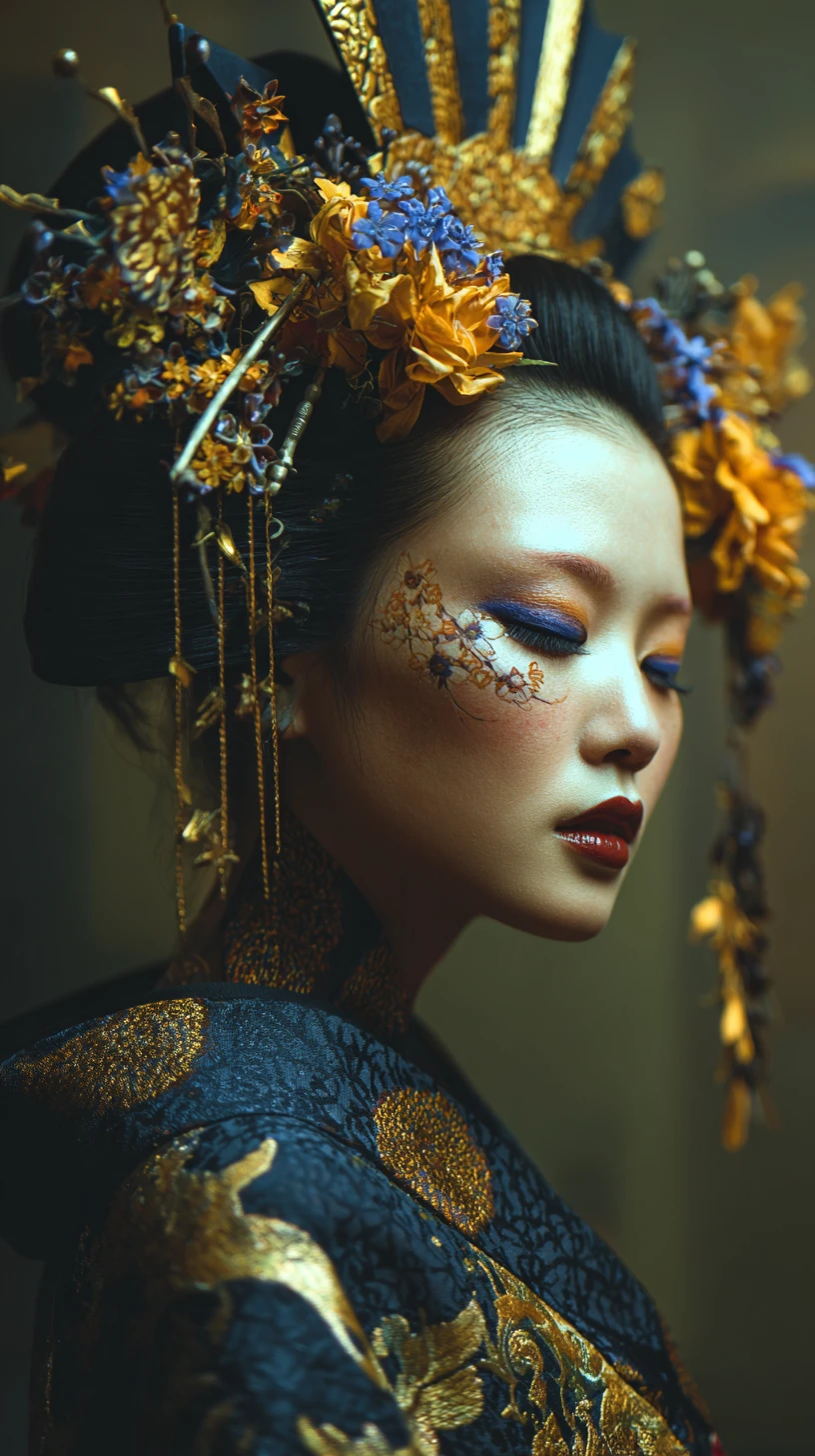 Portrait surréaliste d’une geisha dans des tons noirs, dorés et bleus