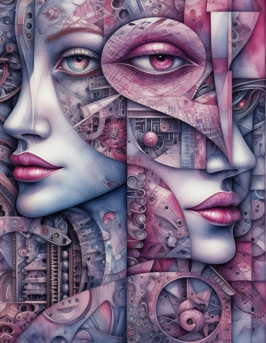 Retrato cubista biomecânico com rostos geométricos entrelaçados