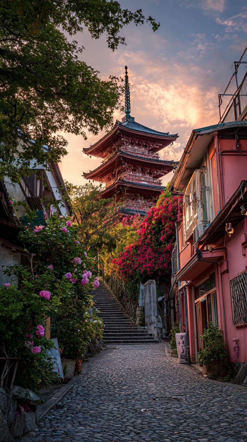 Calle Empinada de la Ciudad con Pagoda al Atardecer en el Horizonte