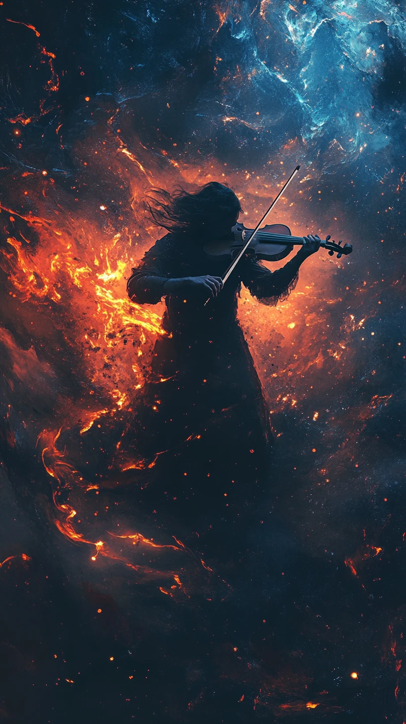 Violinista solitário no vazio elemental em redemoinho de sombra e fogo
