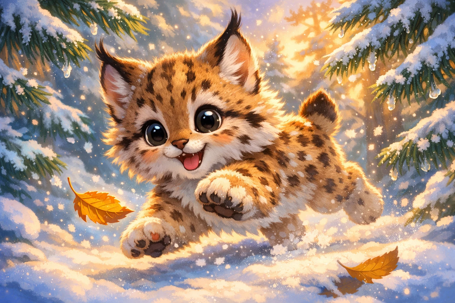 Verspieltes Luchs-Baby springt im Schnee nach einem Blatt