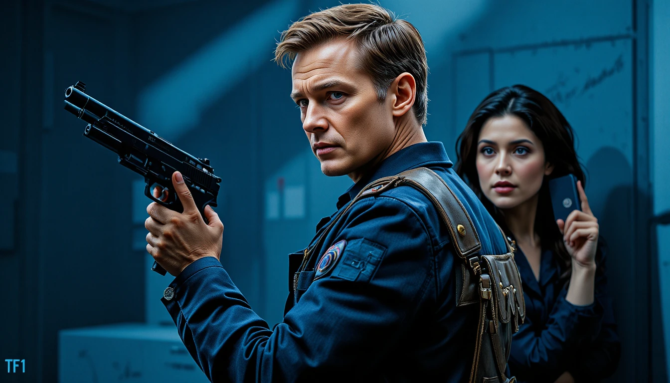 Portrait cinématographique d’un policier armé dans une scène bleue tendue