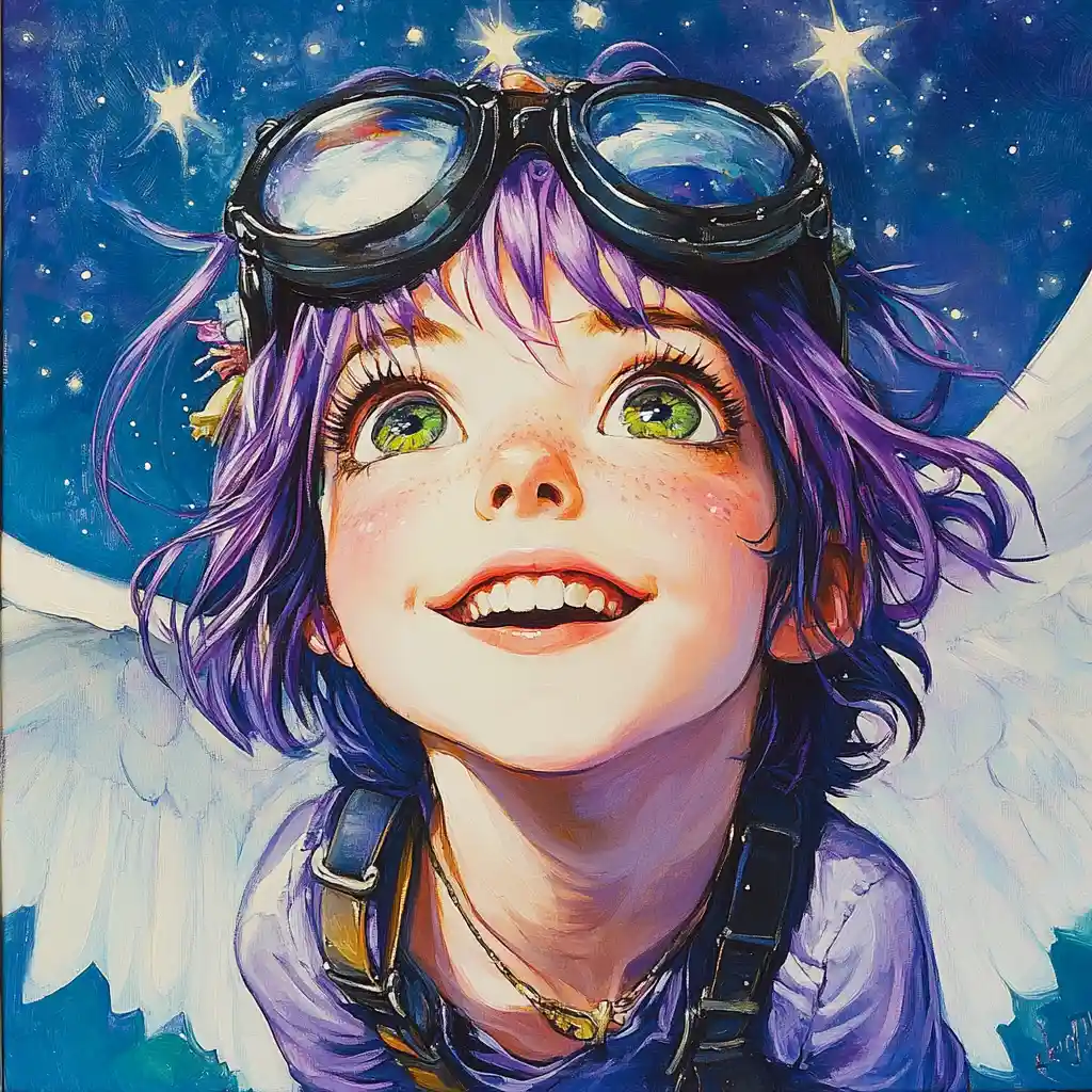 Violet haired girl with wings stretching among distant stars