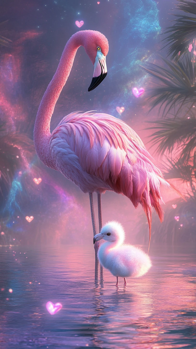 Mãe flamingo surreal abrigando filhote em lagoa onírica