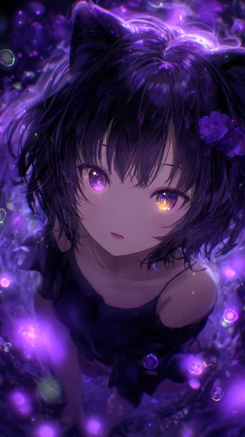 Anime-Katzenmädchen mit leuchtend violetten Augen im kosmischen Nebel