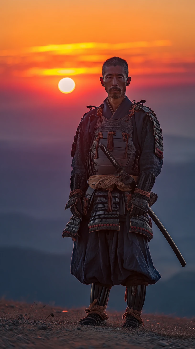 Samurai em armadura negra em uma colina ventosa ao pôr do sol