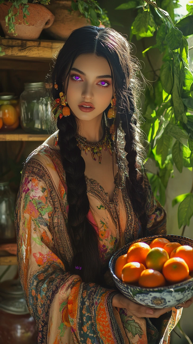 Jovem segurando uma tigela de frutas em um jardim banhado de sol