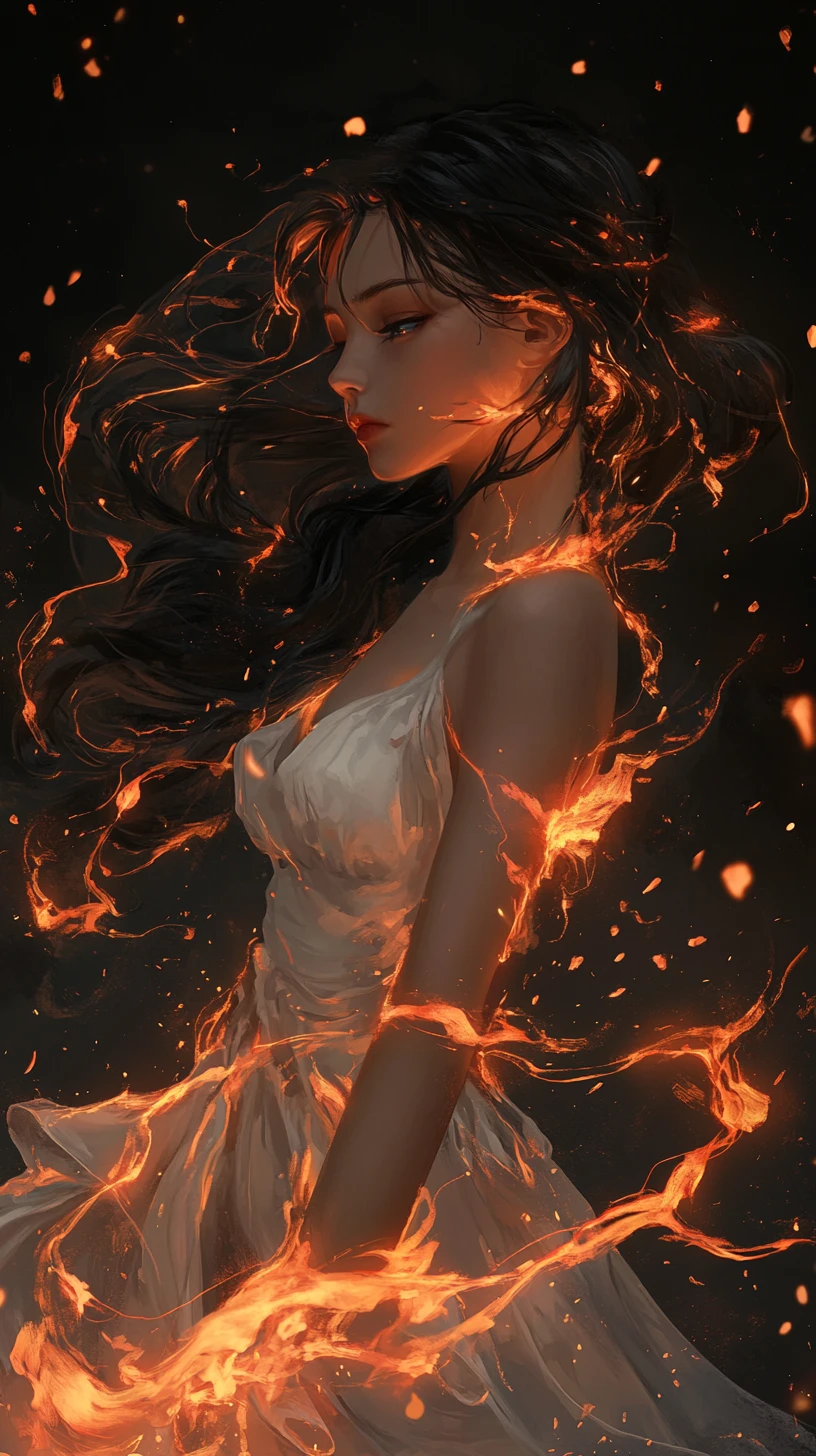 Fiery haired girl in tattered dress against smoky darkness