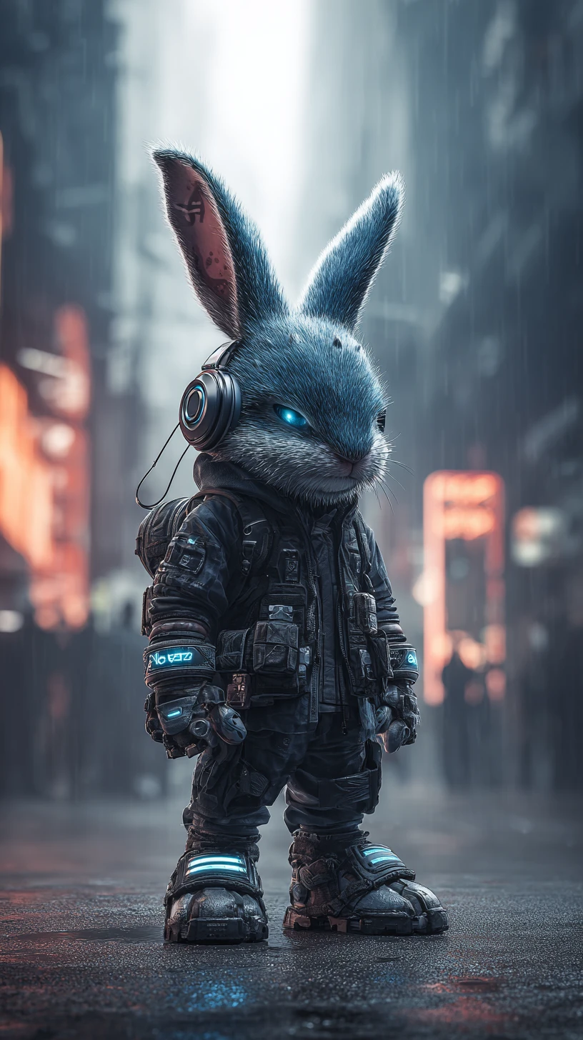 Guerrero conejo cyberpunk brillando en un callejón neón bajo la lluvia