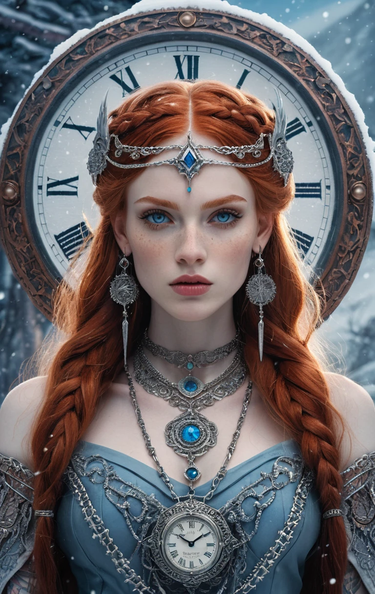 Femme rousse fantastique avec horloge dans un paysage enneigé