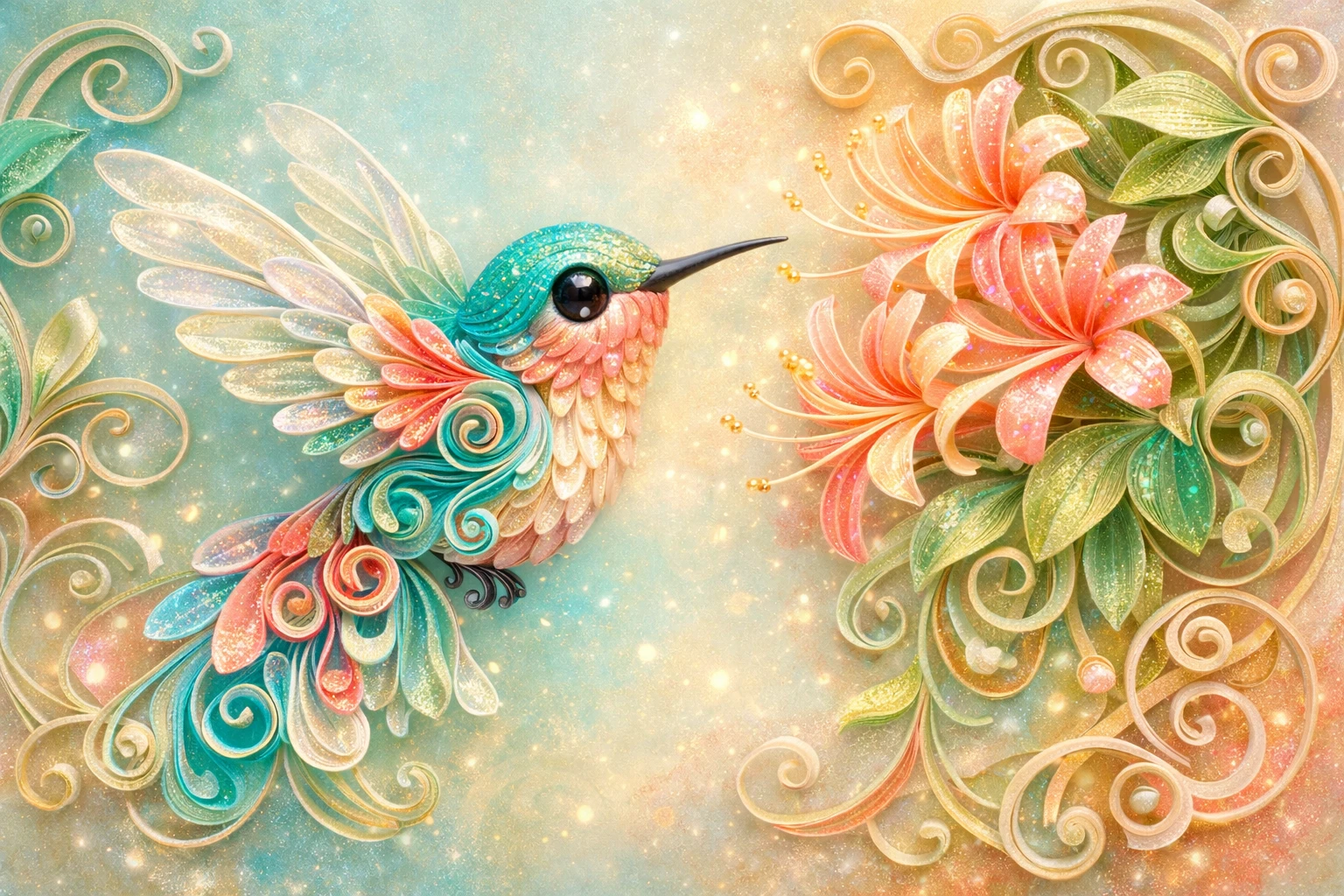 Whimsical paper quilling hummingbird with honeysuckle flowers