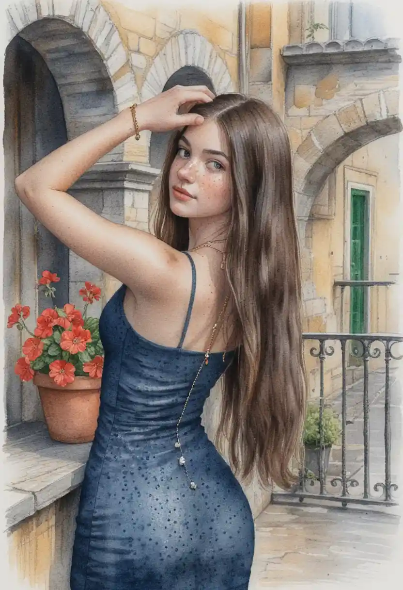 Freckled young woman in blue dress on stone balcony