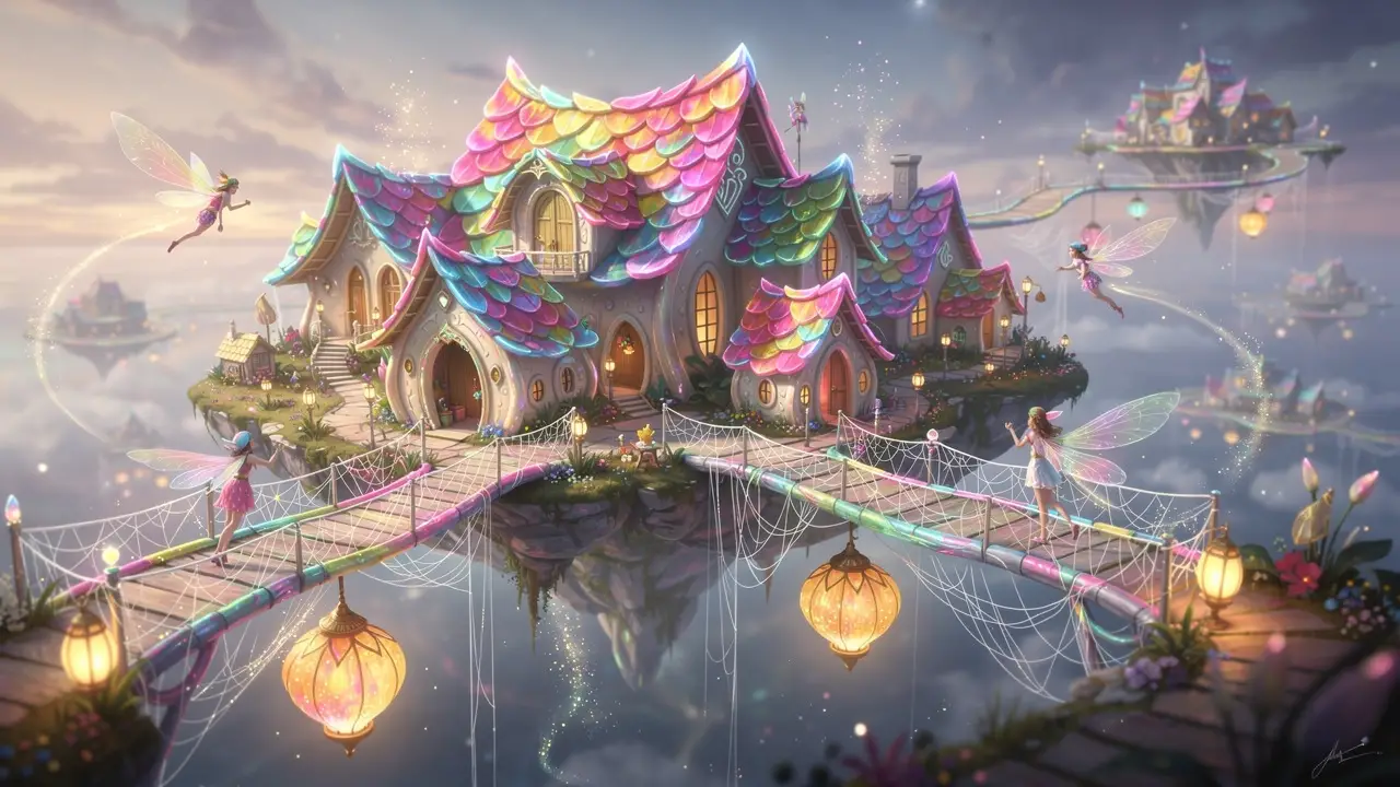 色とりどりの花びら屋根の家が並ぶ小さな浮遊ファンタジータウン