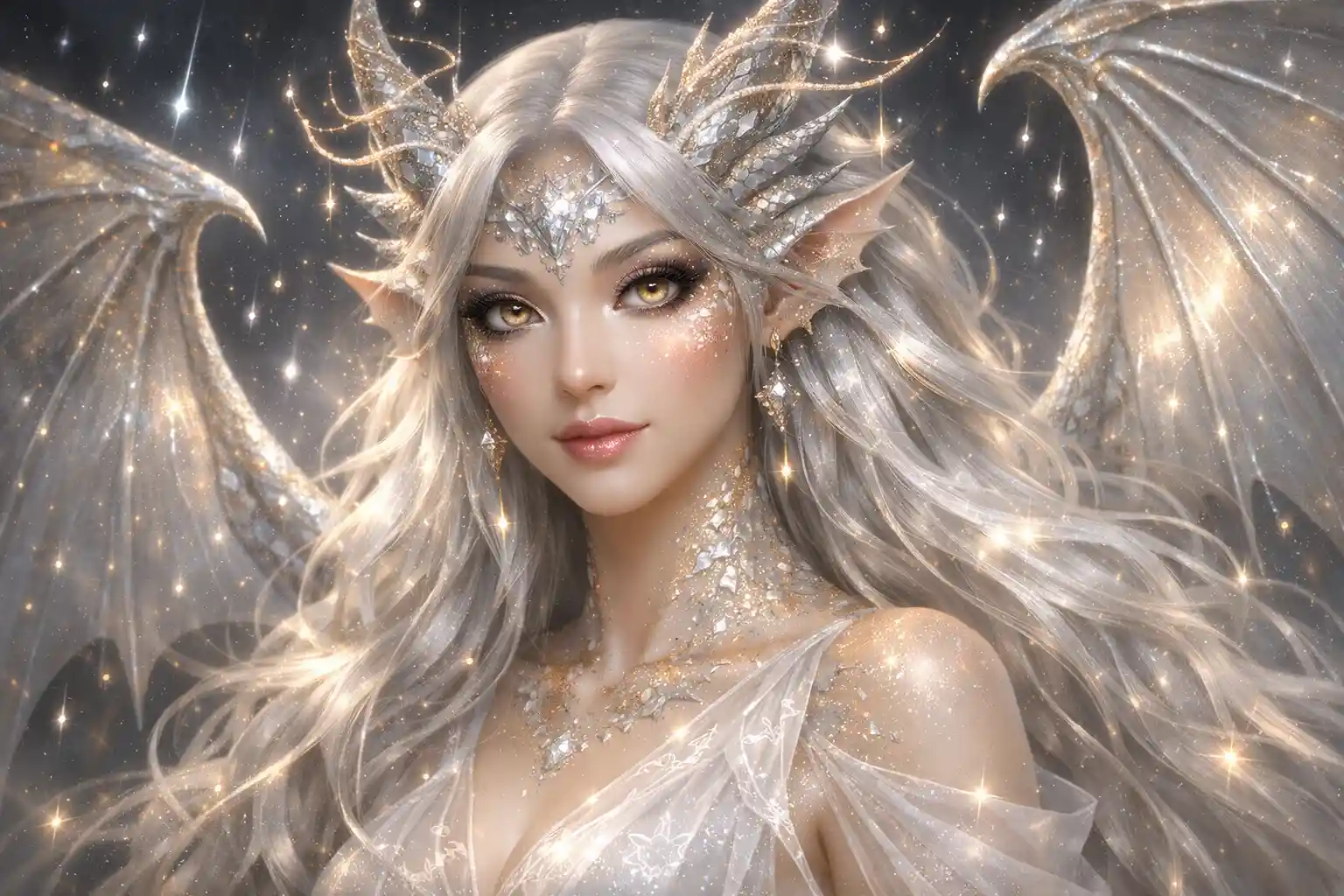 Serene dragon goddess with silver scales and starry wings