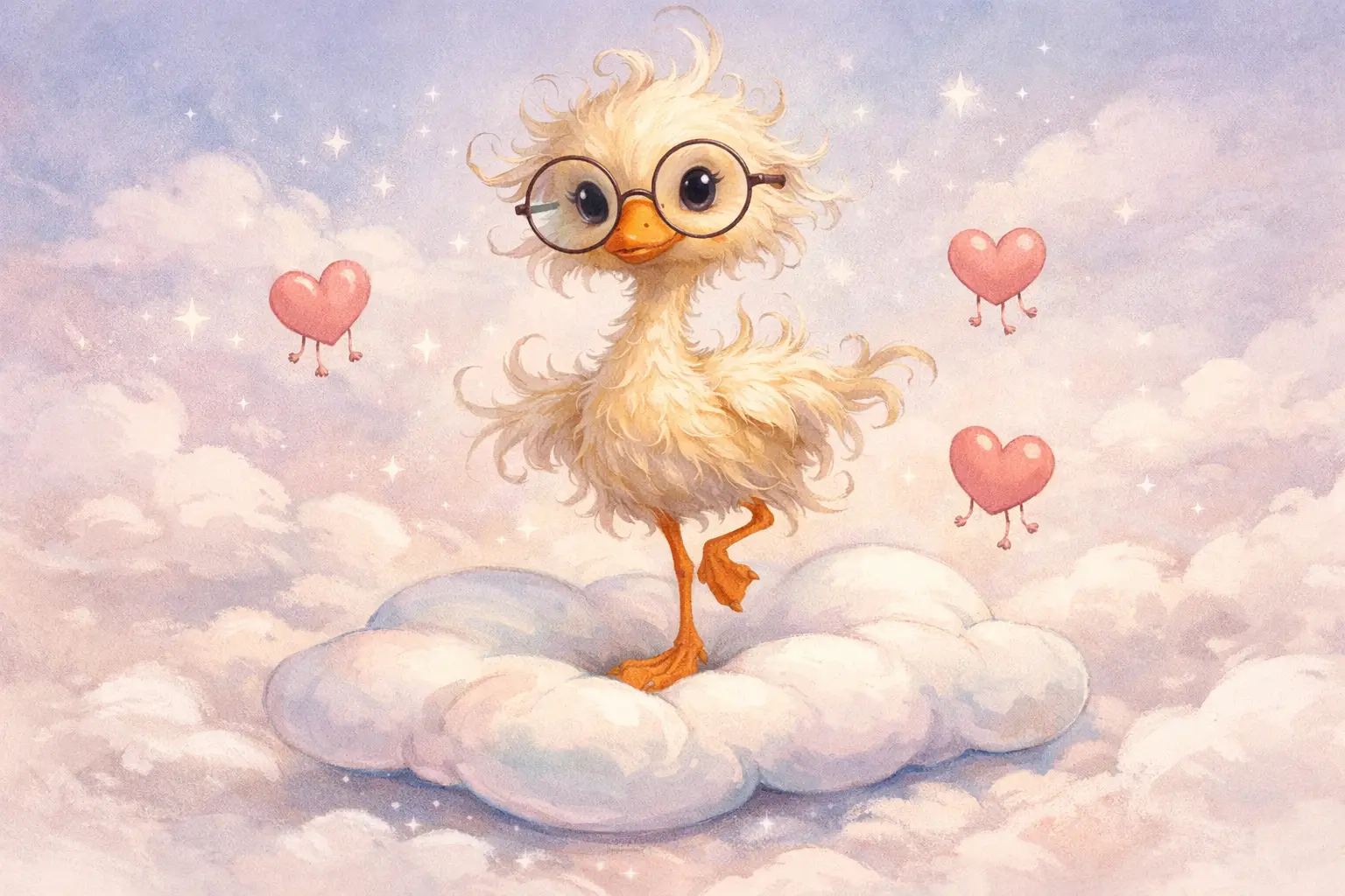 Caneton joueur avec des lunettes posé sur un coussin-nuage
