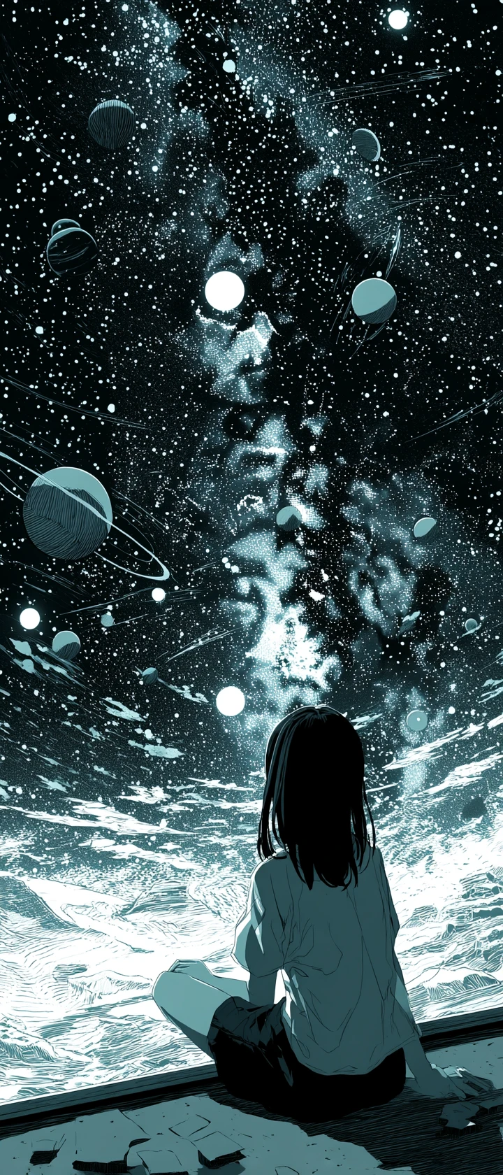 Anime painter creating a universe with a single brushstroke