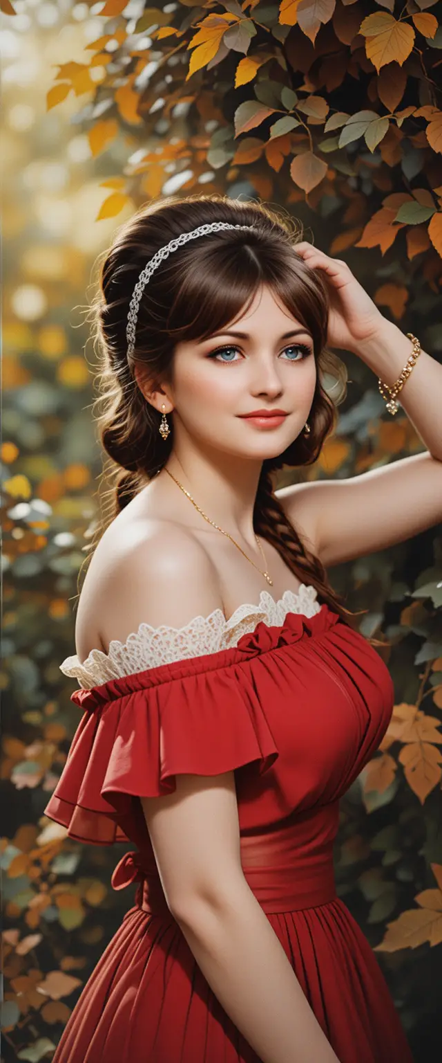 Thoughtful teenage girl in red top among autumn leaves