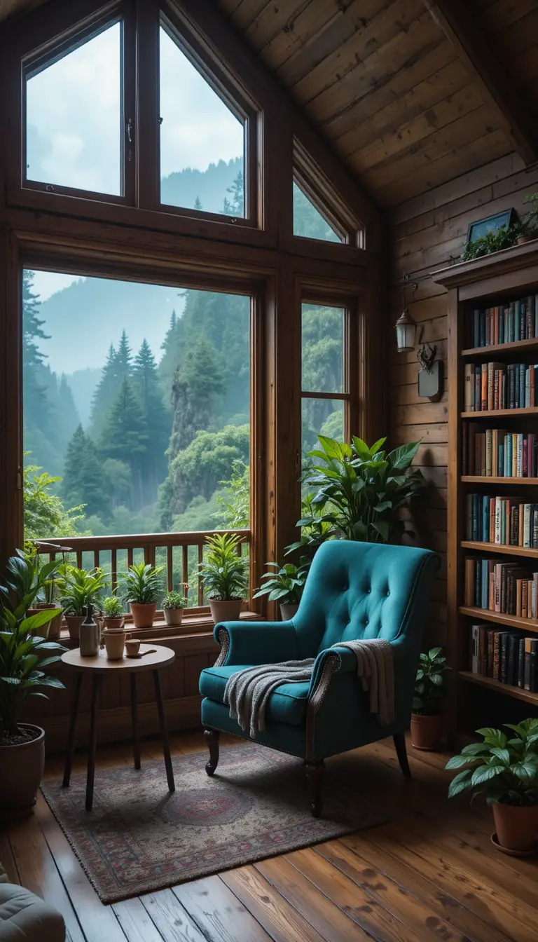 Cozy cabin room with armchair and misty mountain balcony