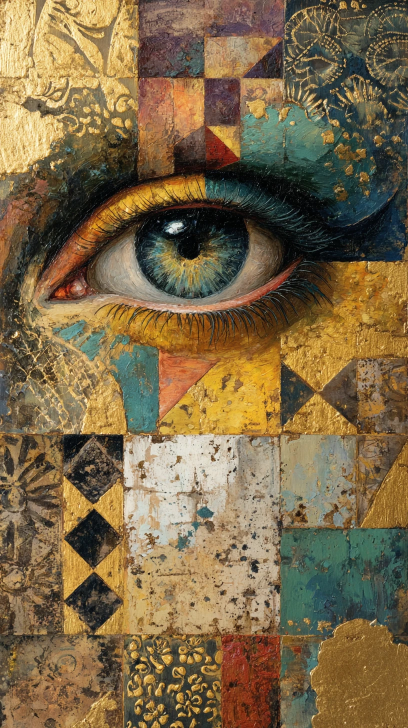 Pintura abstrata com olho surreal central e padrões texturizados