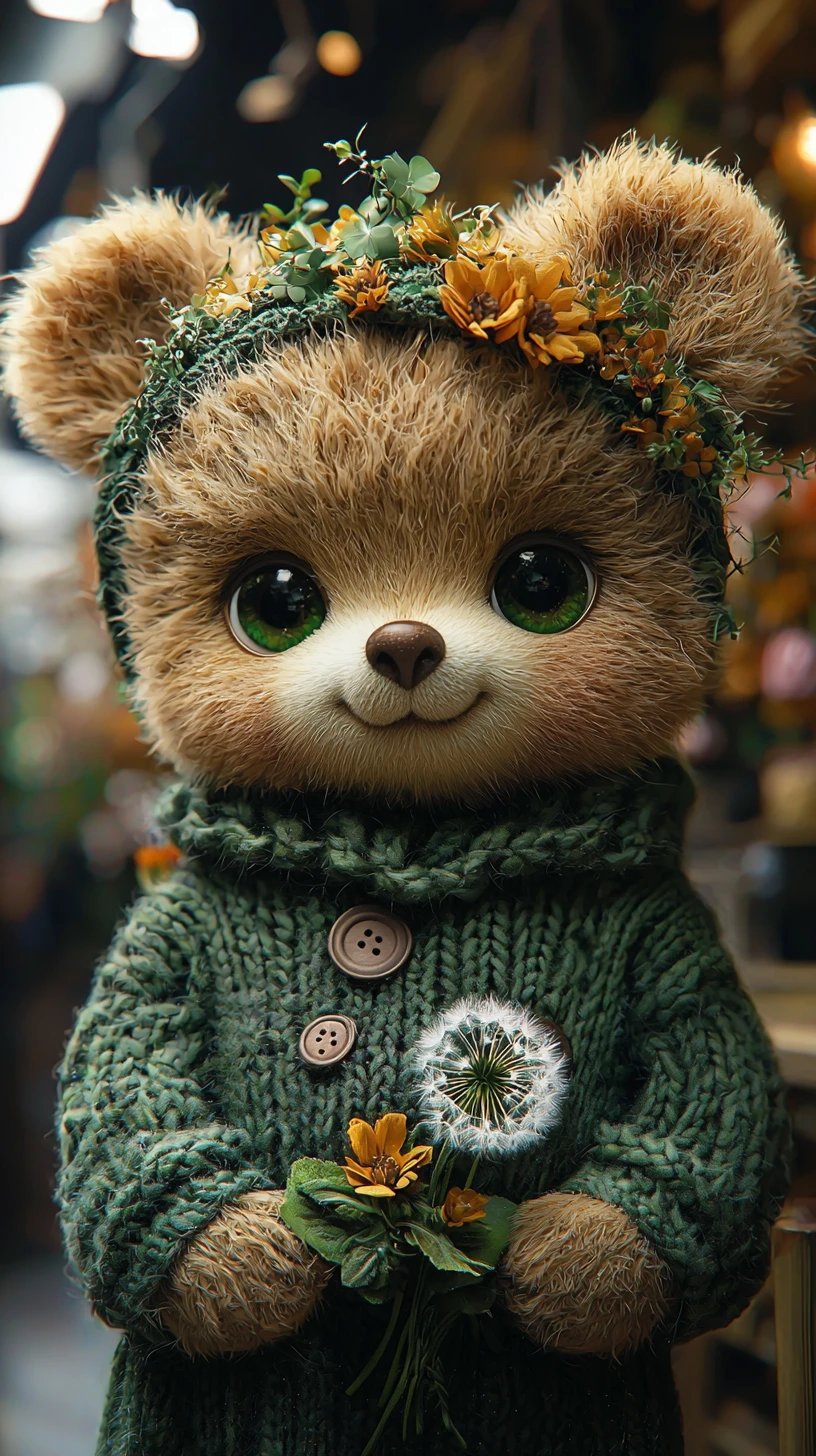 Dolce orsacchiotto con maglione verde che tiene in mano un soffione