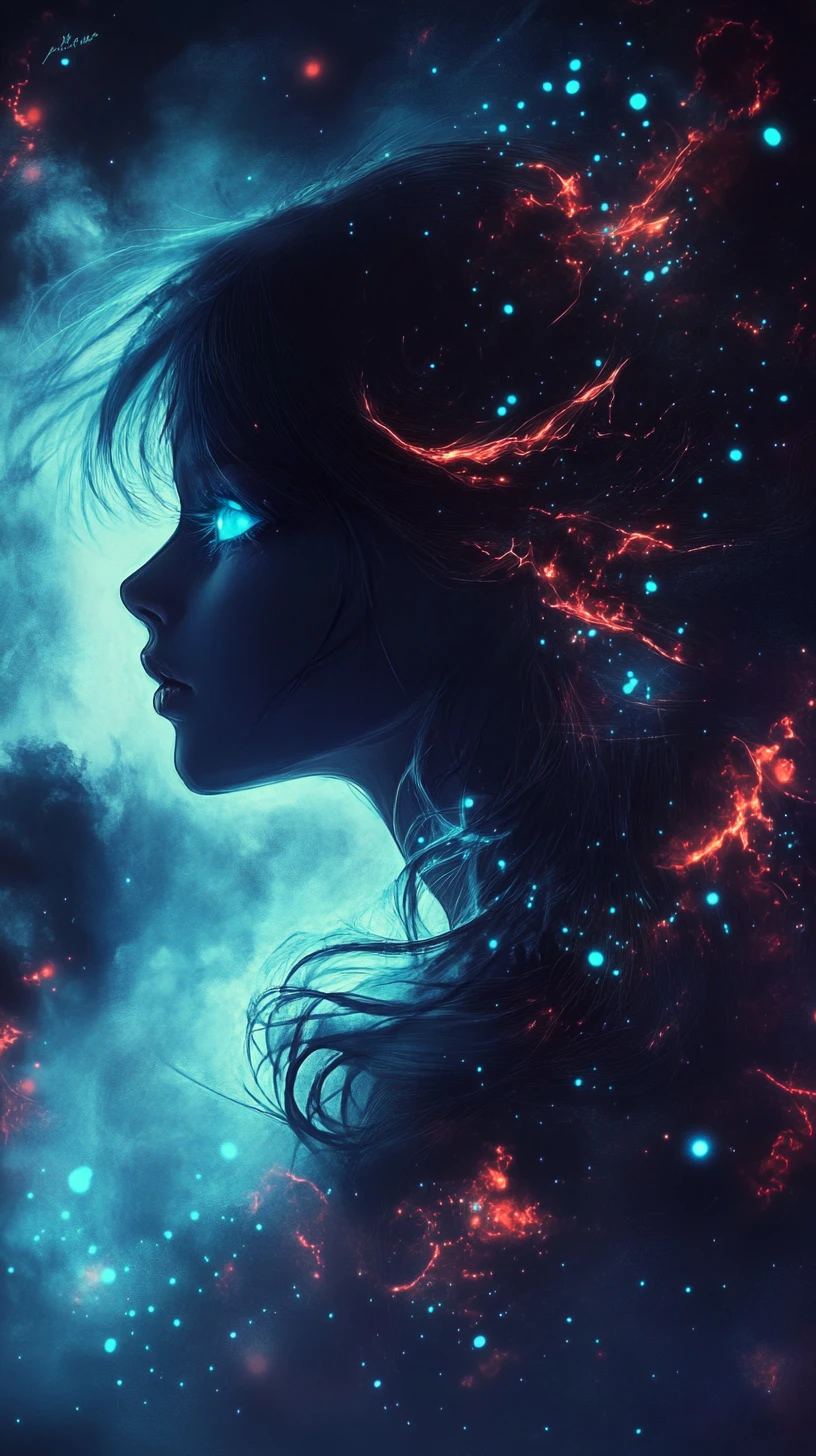 Anime girl in cosmic void with outstretched desperate hand