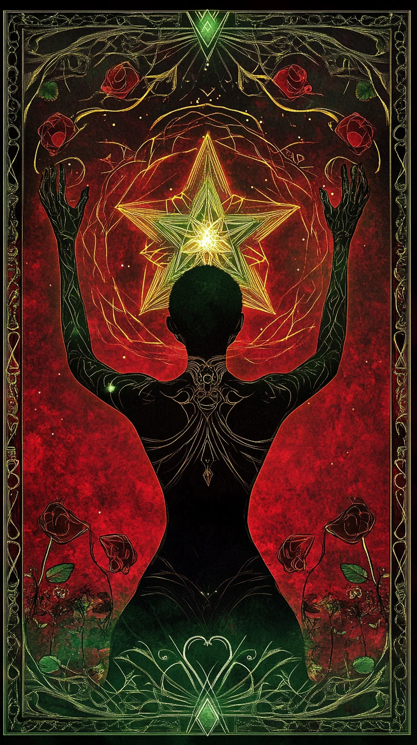 Carta de tarô afrofuturista com mulher abstrata e símbolo de estrela