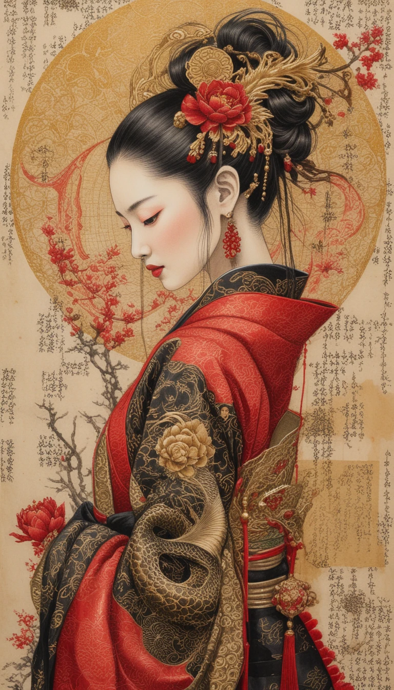 Perfil elegante de uma mulher em quimono com dragão - ilustração