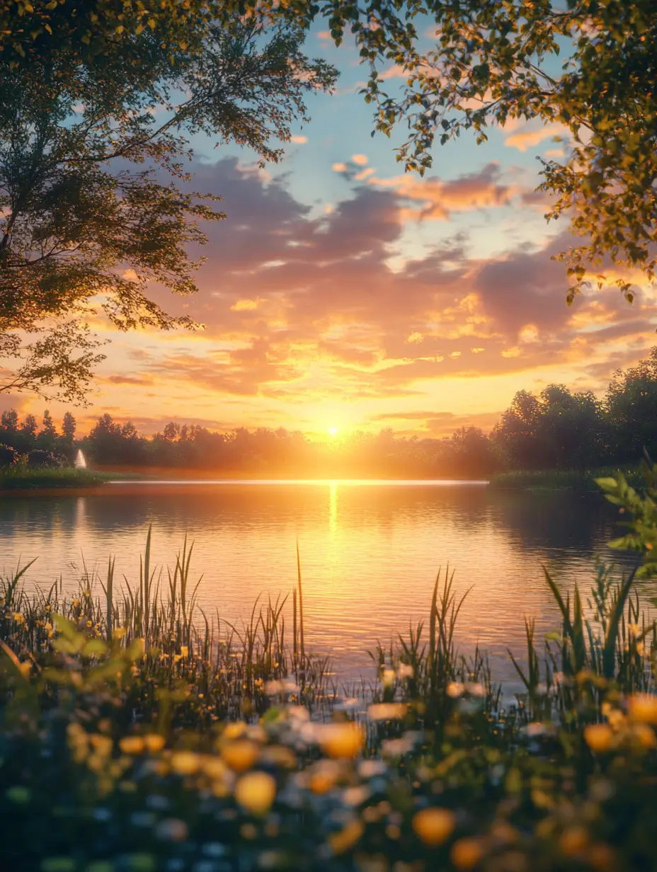 Sanfter Sonnenuntergang über einem friedlich spiegelnden See